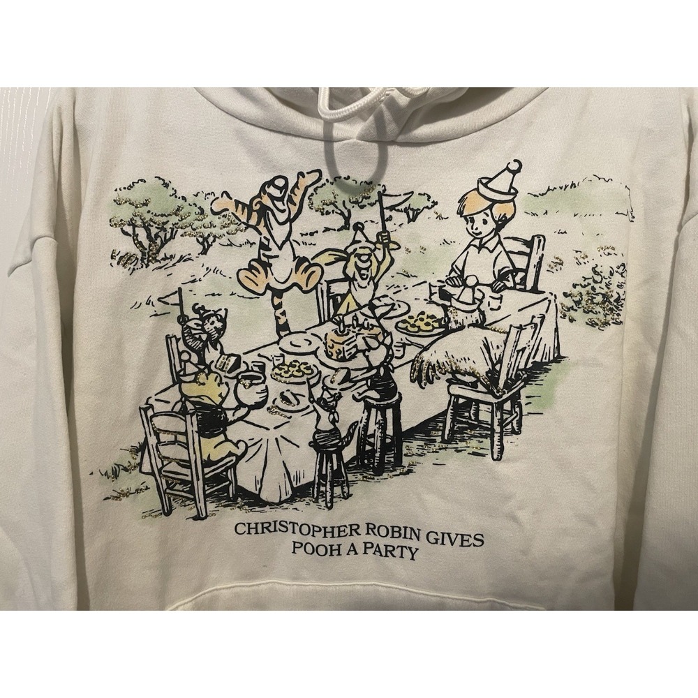 DISNEY Winnie the Pooh Women's Size M Ivory Christopher Robin Gives Party Hoodie - Picture 2 of 6